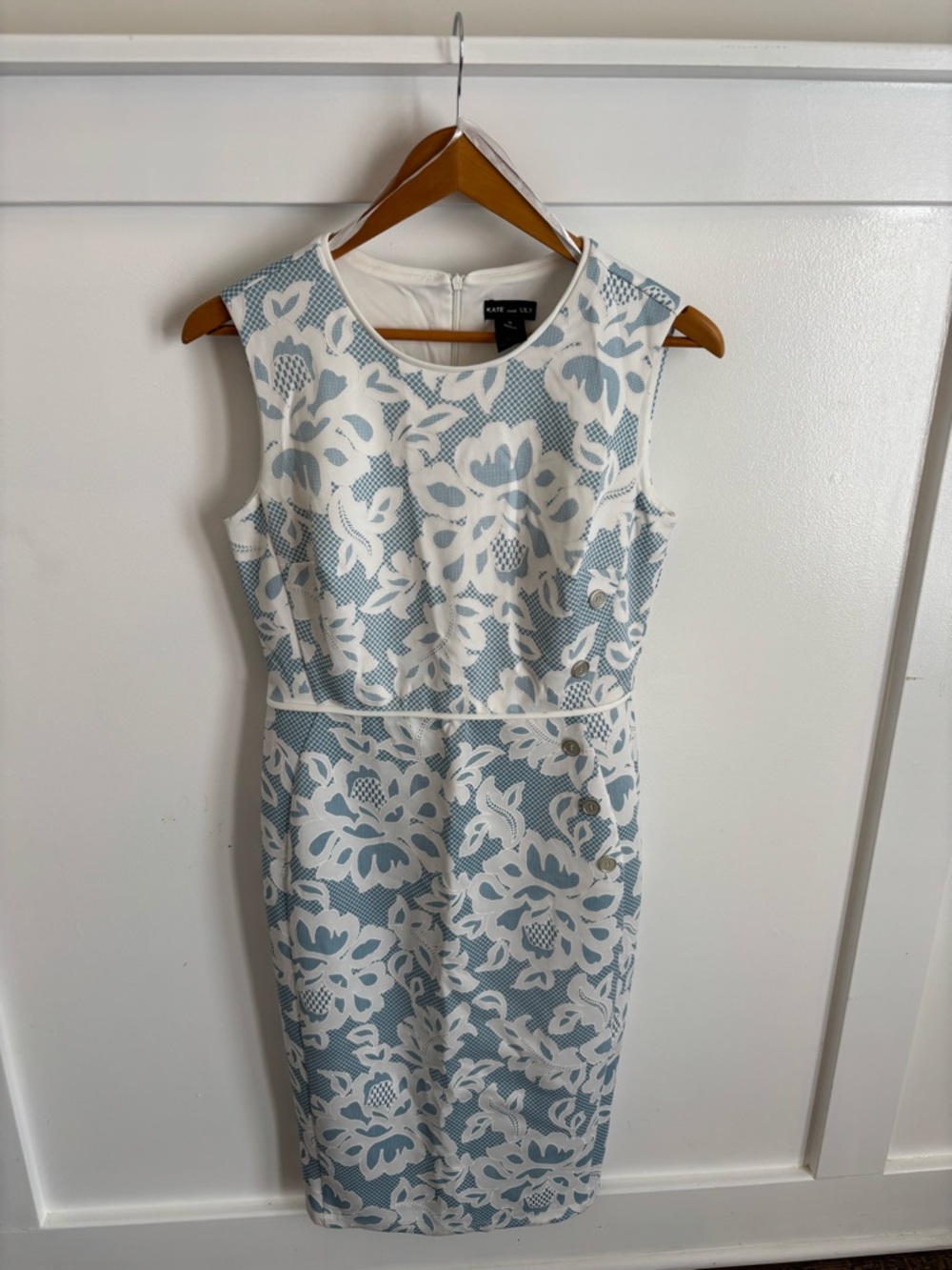 Kate and Lily Dusty Blue/White Floral Classy Sophisticated Midi Sheath Dress, 8